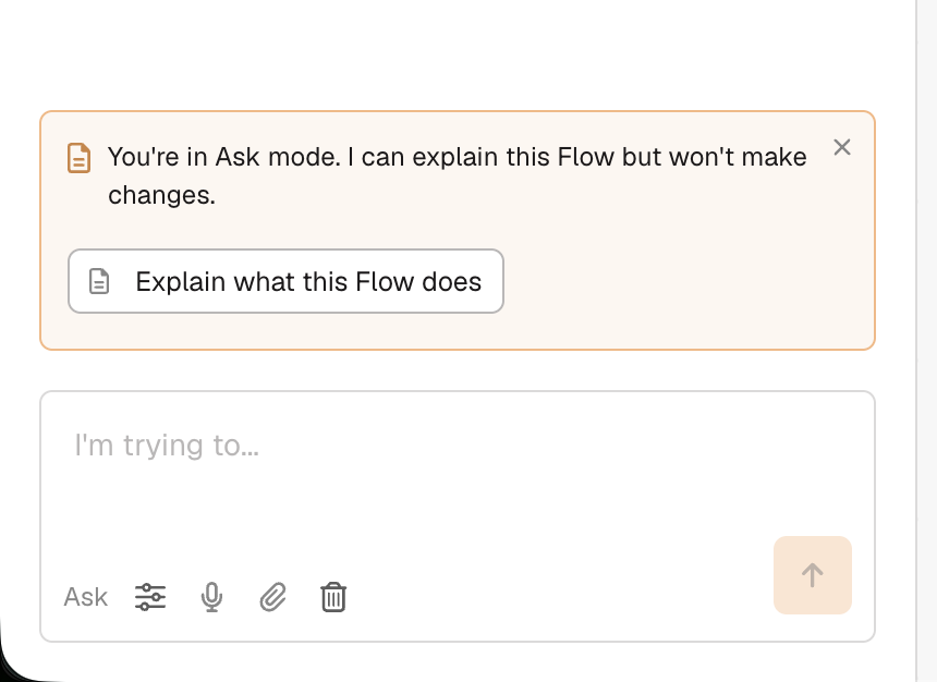Prowork chat in Ask mode, with the composer and callout highlighted in orange to signal a view-only state on the Flow