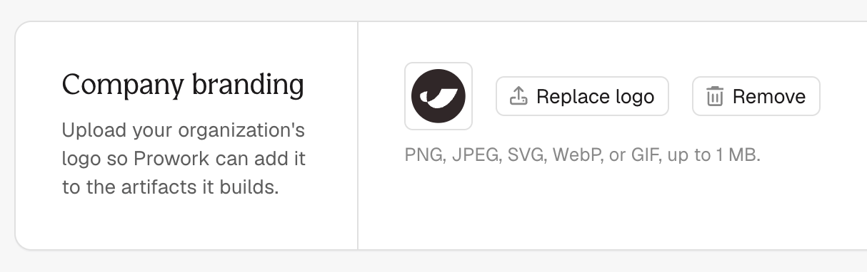 Company branding setting in Billing & Usage, with a logo uploaded and Replace logo and Remove buttons