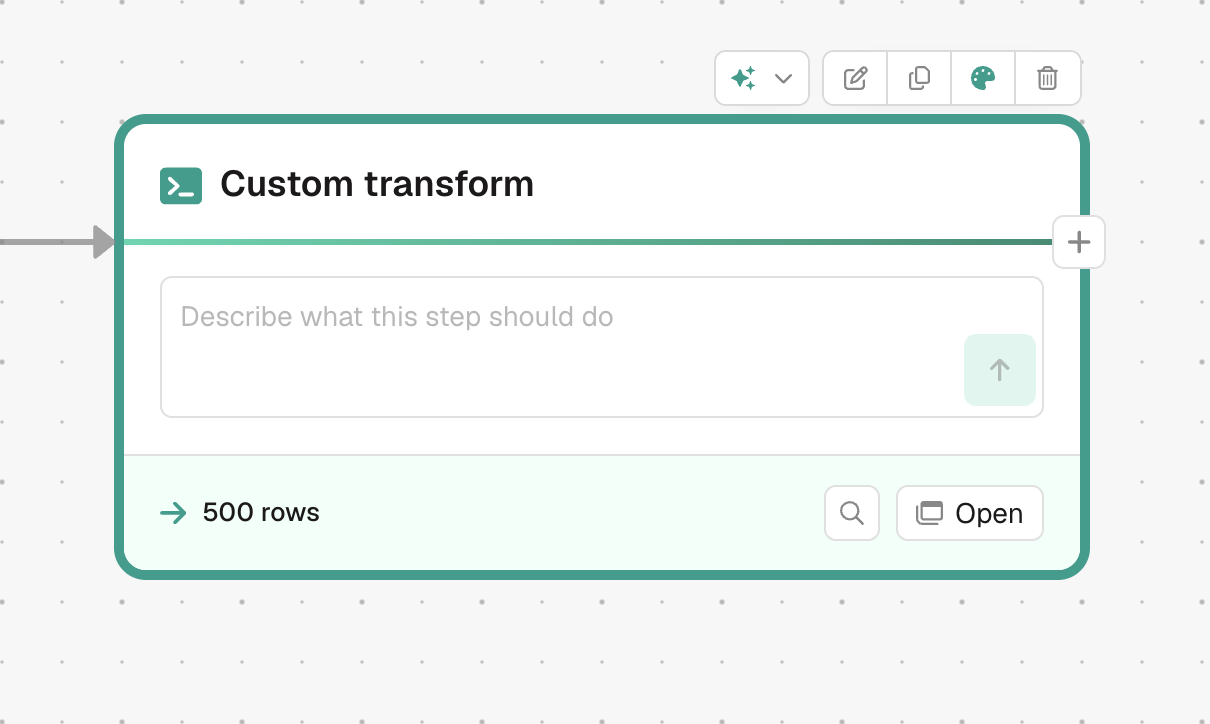 The new Custom transform step on the canvas with a prompt box that reads 'Describe what this step should do.'