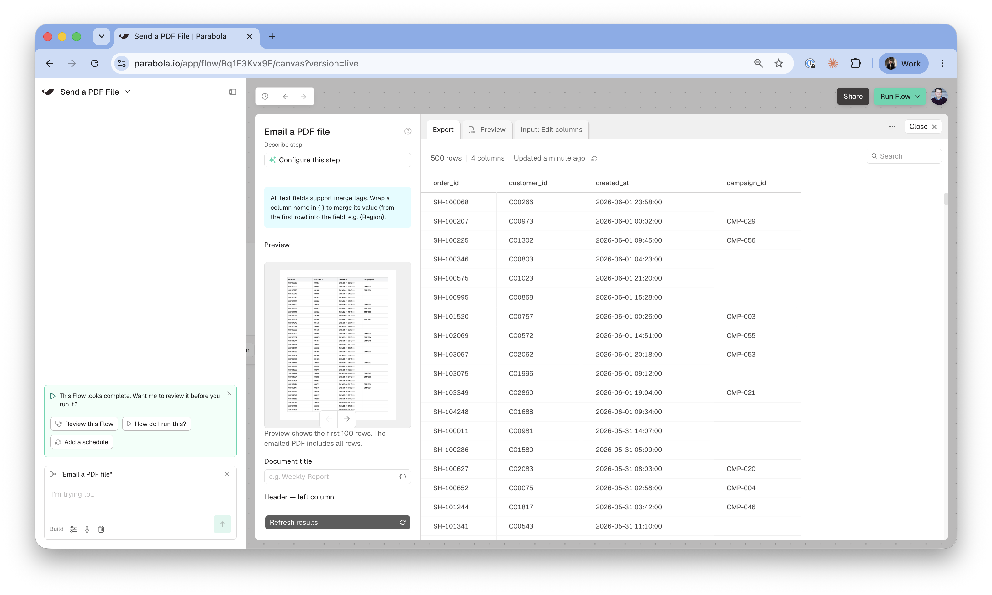 Preview of a PDF generated from a Flow with the new Email a PDF file step