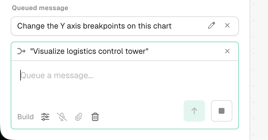 Prowork chat composer showing a queued message above the active prompt, with edit and remove controls