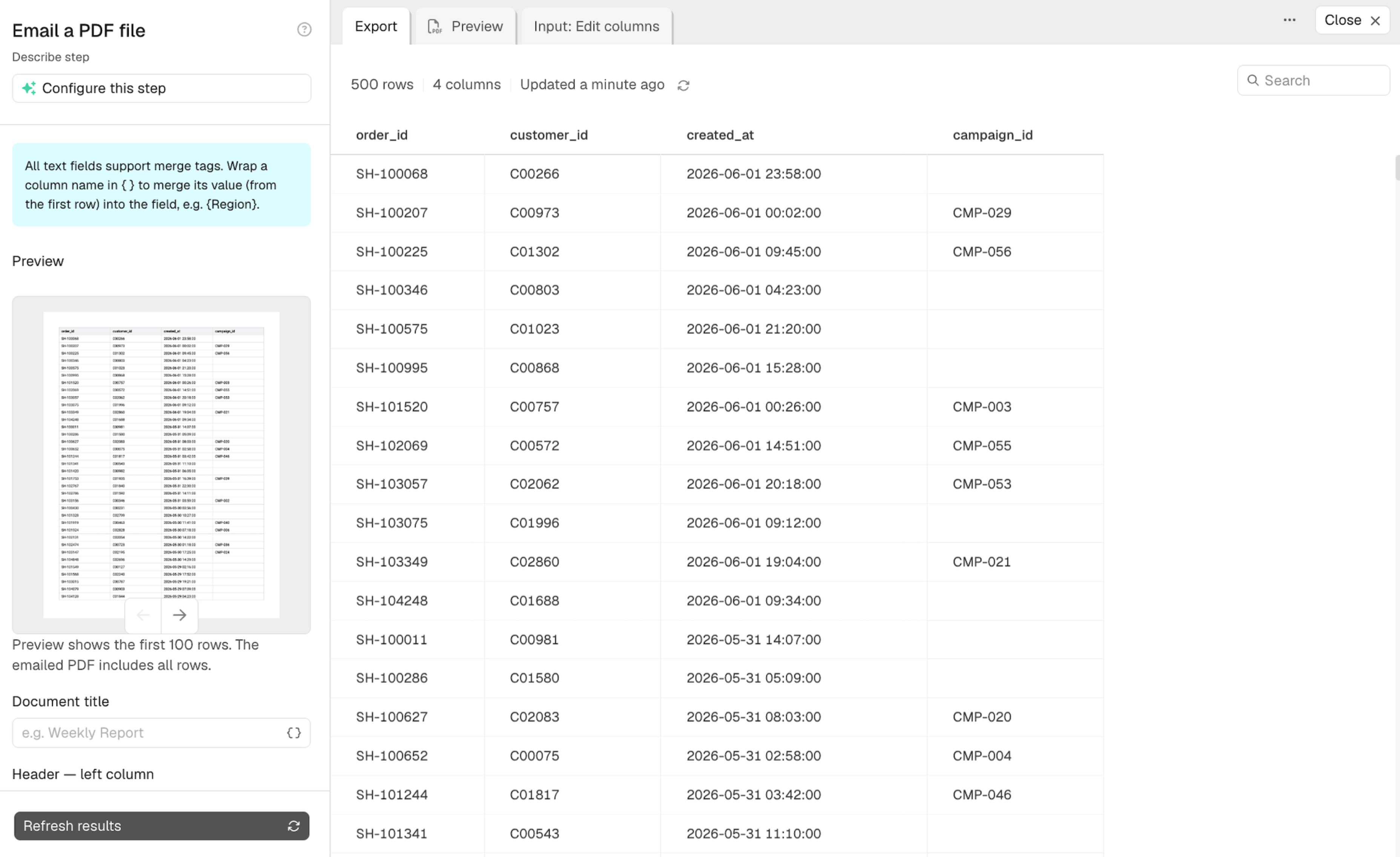 The Email a PDF step in Parabola, showing the export preview, row data, and document configuration fields